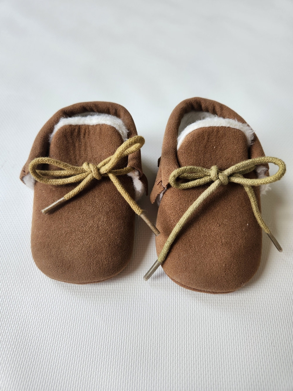 Infant Brown Suede Faux Moccasin Shoes with Fuzzy Lining And Bow Ties